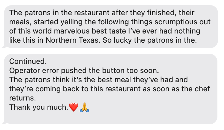 Client’s playful restaurant report praising a meal by Camille